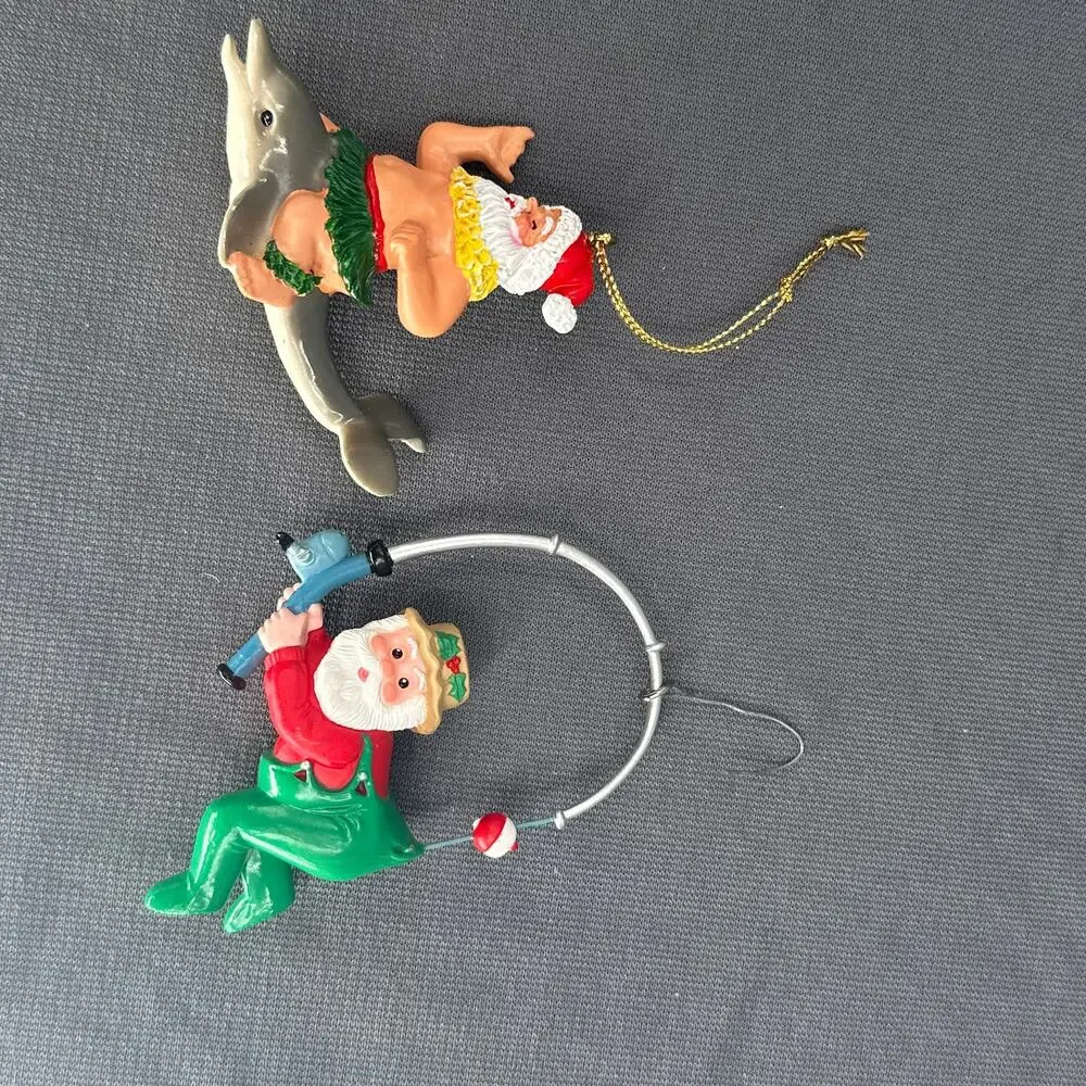 VTG 1991 Hallmark Quinn Surfing Dolphin & Fishing Santa Ornaments Lot 2 Kitschy